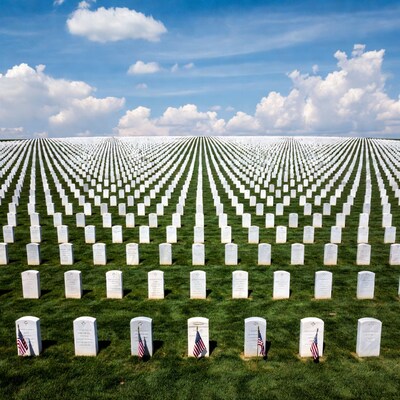 Rows of white gravestones with American flags