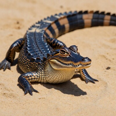 Baby alligator on sandy beach