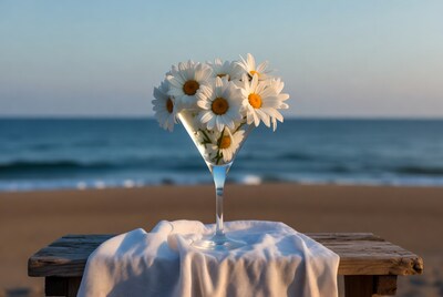 Daisies in Martini Glass on Beach