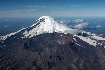 Snow-capped volcano aerial view