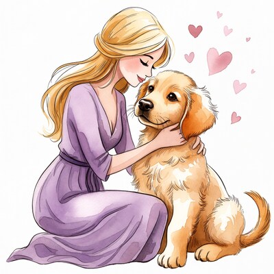 Blonde woman hugging golden retriever puppy