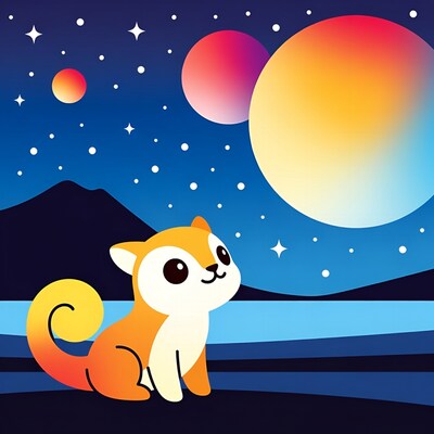 Cute fox gazing at colorful planets