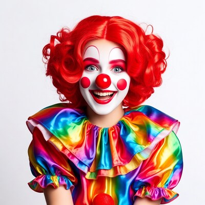 Smiling female clown with red hair
