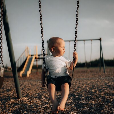 Toddler boy swinging on playground swing