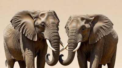 Two elephants intertwining trunks