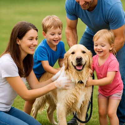Family washing golden retriever in grass