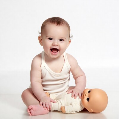 Baby holding doll smiling