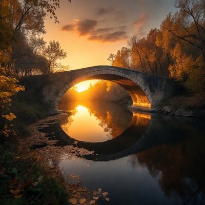 Stone Arch Bridge at Autumn Sunset