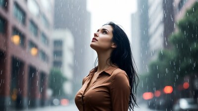 Woman looking up in city rain