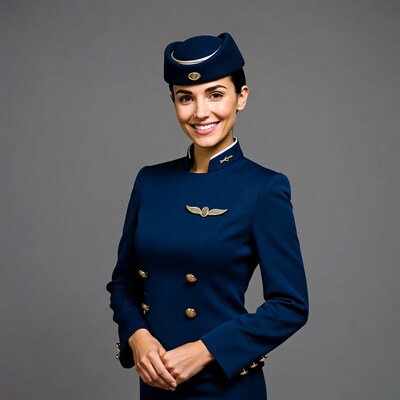 Smiling flight attendant in navy uniform