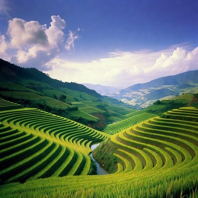 Terraced Rice Fields in Valley