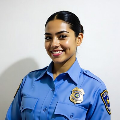 Smiling Latina woman in police uniform