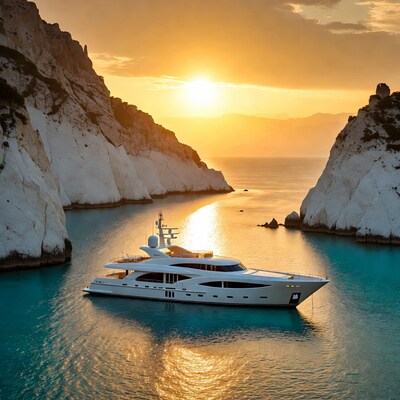 Luxury Yacht in White Cliffs Cove at Sunset