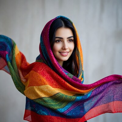 Woman in colorful flowing hijab