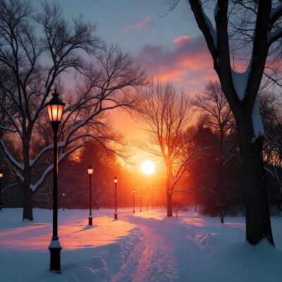 Snowy Path with Streetlamps at Sunset