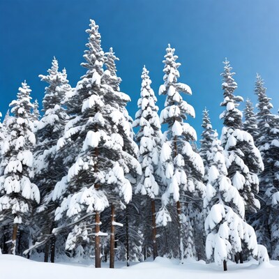 Snowy pine trees against blue sky