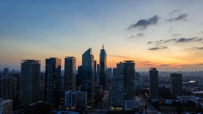 City skyline at sunset