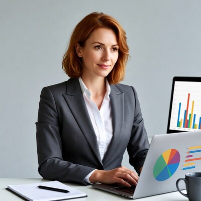 Redhead woman analyzing charts on laptop