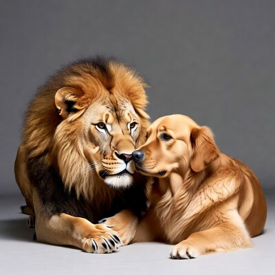 Lion nuzzling golden retriever