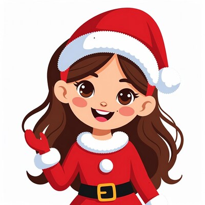 Smiling girl in Santa dress waving