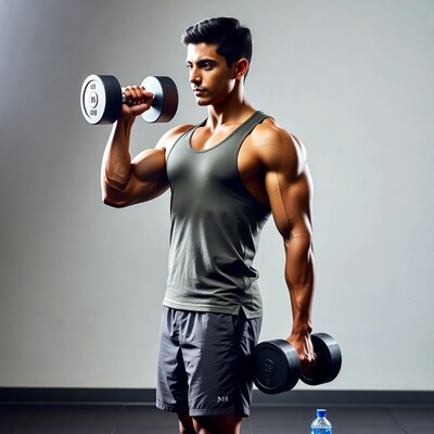 Muscular man lifting dumbbells in gym