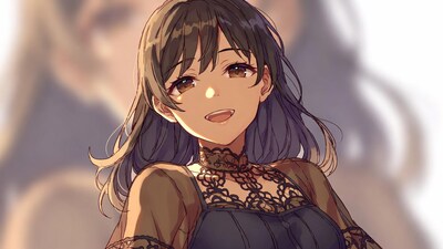 Anime girl smiling in lace dress