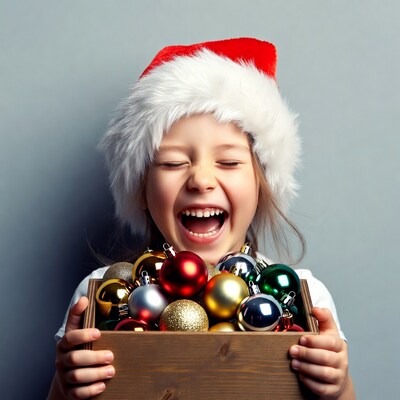 Girl holding Christmas ornaments in Santa hat