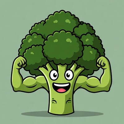 Muscular broccoli flexing arms cartoon