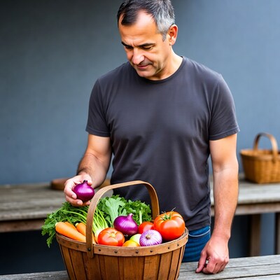 Man holding onion from vegetable basket