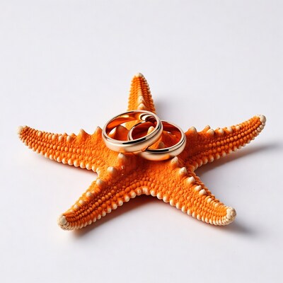 Gold Wedding Rings on Orange Starfish