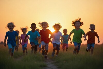 Children running in field at sunset