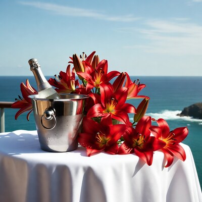Champagne bucket with red lilies ocean view