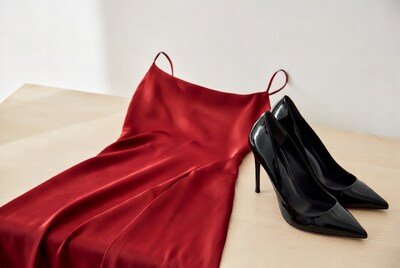 Red satin dress with black stilettos