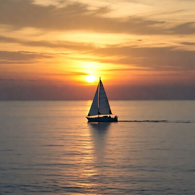 Sailboat silhouetted against sunset