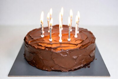Chocolate birthday cake with lit candles