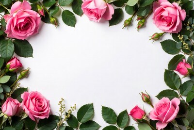 Pink Roses Border on White Background