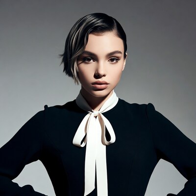 Woman with short hair in black bowtie dress