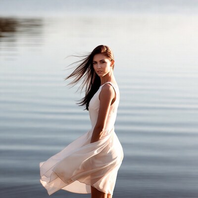 Woman in white dress by lake