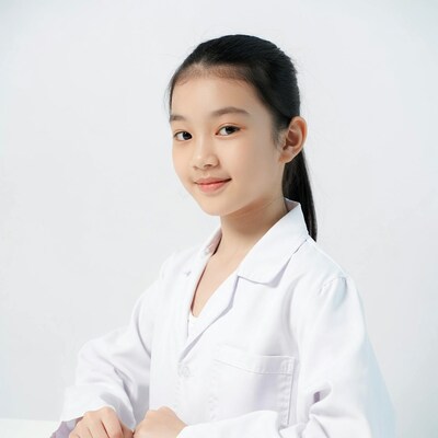 Asian girl in white lab coat