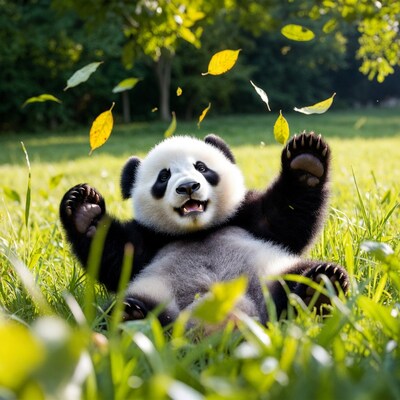 Baby panda playing with falling leaves