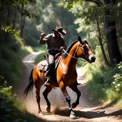 Cowboy riding horse in forest trail