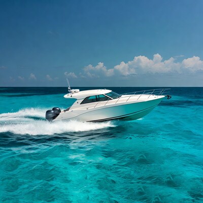 White speedboat racing turquoise ocean