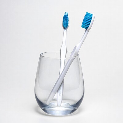 Two blue toothbrushes in glass