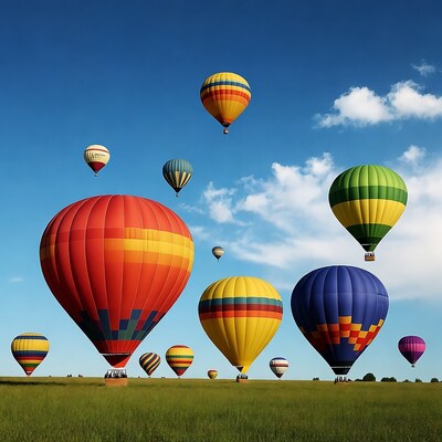 Colorful hot air balloons over green field