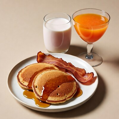 Pancakes with bacon, milk, orange juice