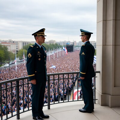 Two army officers overlooking crowd