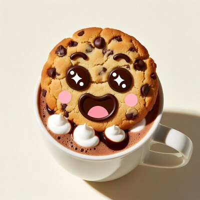 Kawaii chocolate chip cookie in hot cocoa