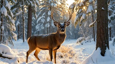 Buck standing in snowy forest