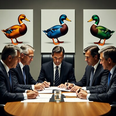 Businessmen signing contracts with duck posters