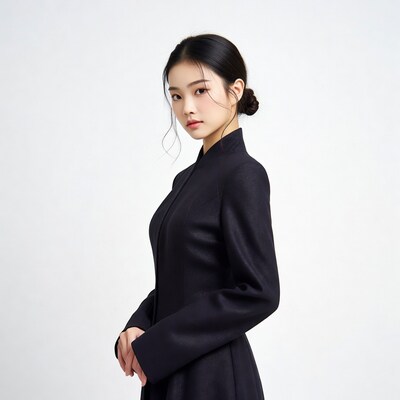 Asian woman in black hanbok side profile